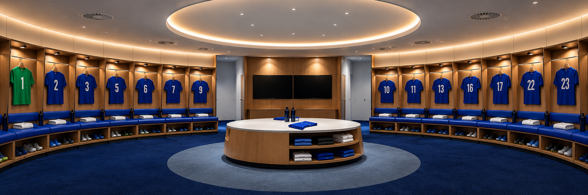 Dressing room with blue outfield shirts and a green goalkeeper shirt