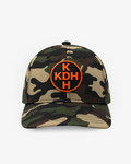 KDH woodland camouflage baseball cap with raised orange and black logo, inspired by Everton midfielder Kiernan Dewsbury-Hall