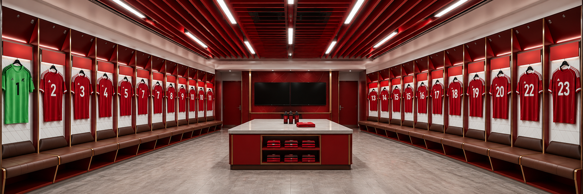 Dressing room with blue outfield shirts and a green goalkeeper shirt